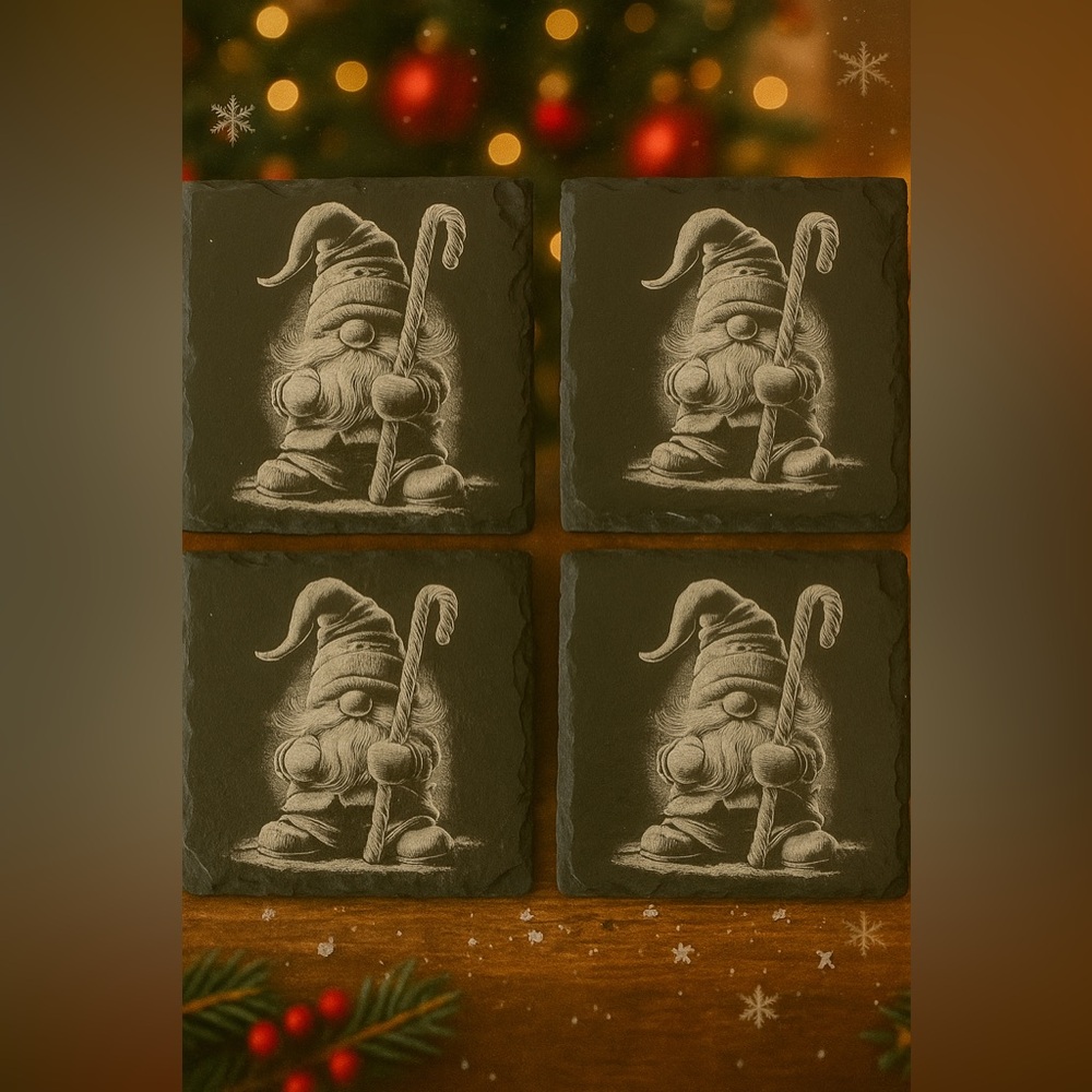 Holiday Slate Gnome Design Coasters Set